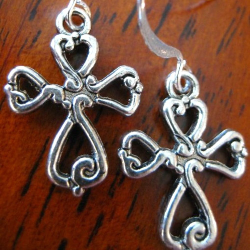 Antiqued Silver Cross Charm Earrings